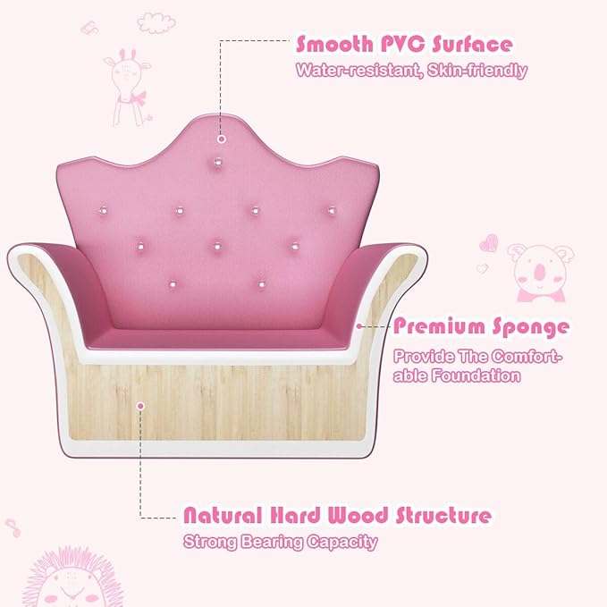 HONEY JOY Kids Sofa, Children Princess Upholstered Couch Armrest Chair with Ottoman, PVC Leather & Embedded Crystal, Toddler Bedroom Furniture for Baby Girl (Pink)