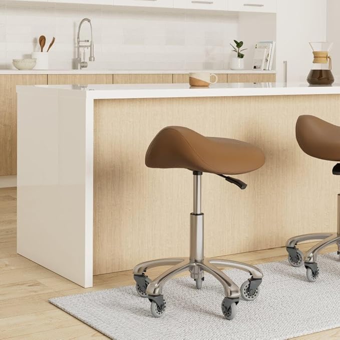 Professional Saddle Stool with Wheels Ergonomic Swivel Height Adjustable for Clinic Dentist Beauty Salon Tattoo Office (Camel)
