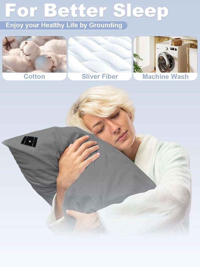 YOUBLAO Grounding Pillowcase, 90% Organic Cotton and 10% Silver Fiber Grounding Pillow Case with 15ft Grounding Cord, Gray Sleep Pillow 20x36 inch for Improve Sleep Improving Energy