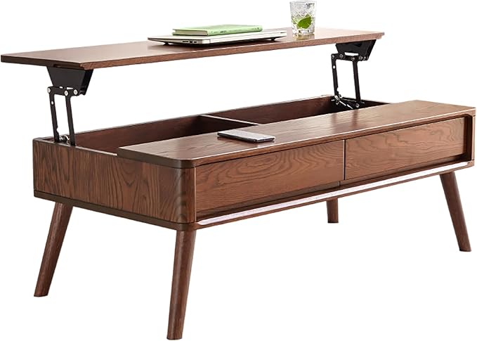QKFF Wood Lift Top Coffee Table, 100% Solid Oak Wood Small Rising Dining Center Tables with Storage Shelf and Hidden Compartment for Living Room 40D x 22W x 26H