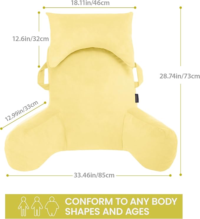 Unisakey Portable Reading Pillows with Headrest for Bed Sitting Up(Yellow Oeko-Tex), Velvet Back Pillow with Arms & Pockets for Adults, Support Memory Foam Bed Pillow for Dorm/Reading/Watching/Gaming
