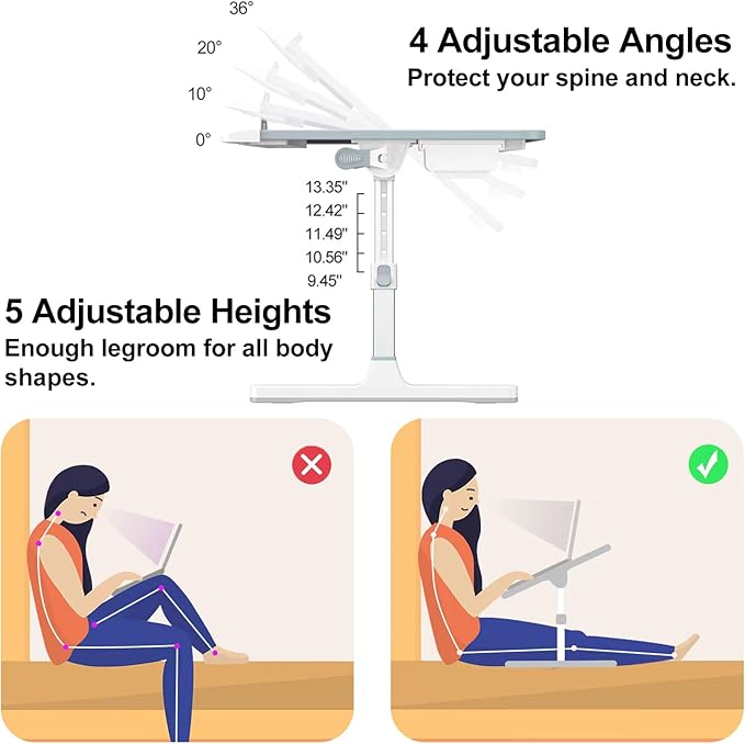 Laptop Bed Tray Table, Adjustable Sturdy Laptop Stand for Bed with Premium Materials, Folding Portable Lap Desk with Drawer for Writing Working Reading Eating Couch Floor (Marble, 23.6"×14")