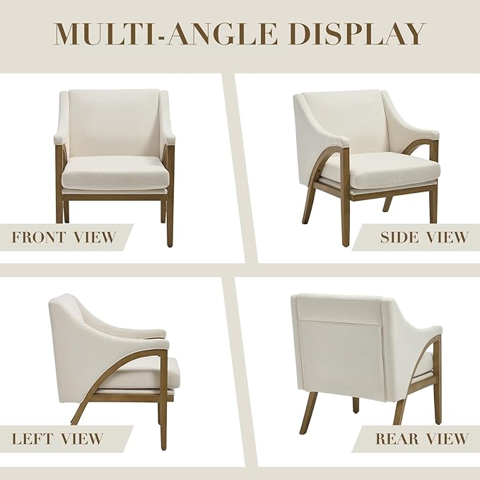 CIMOTA Mid Century Modern Accent Chairs Set of 2 with Barrel Back, Upholstered Armchair Comfy Reading Chairs with High-Rebound Foam Seat, Solid Wood Legs for Living Room/Bedroom, Linen Fabric, Beige