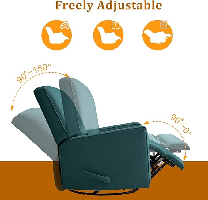 KeyEnergy Swivel Rocker Recliner Chair for Adults, High Back Fabric Recliner with Deep Seat, Manual Glider for Living Room & Nursery, Green