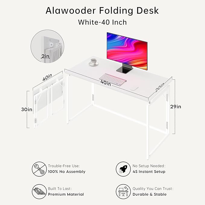 Folding Desk - 39.4” Wood Top Foldable Desk for Small Spaces | No Assembly Required Compact Desk for Home Office, Writing, and Study