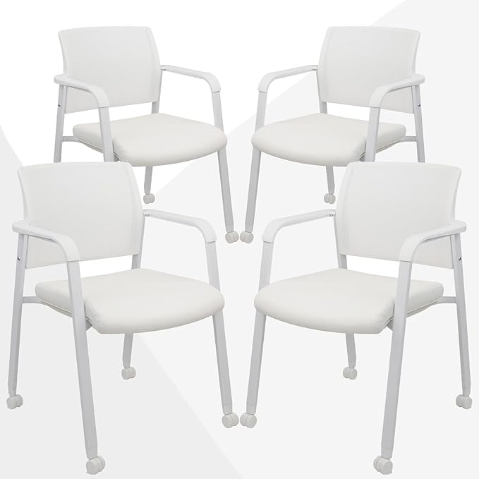 CLATINA Rolling Conference Chairs, 4 Pack Stackable with Wheels and Paddle, Ergonomic Mesh Back and Arms for Meeting, Conference, Training Room & Home Office (White)
