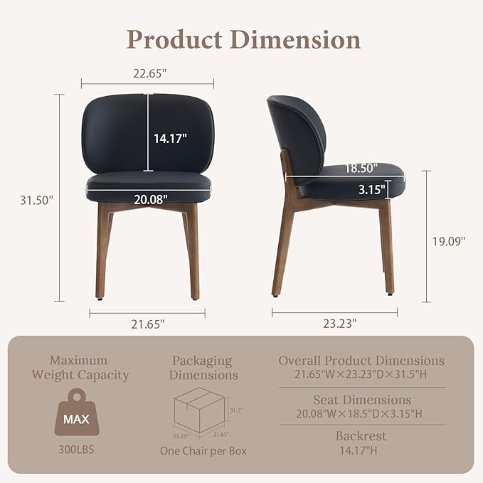 YOUNUOKE PU Leather Dining Chairs, Modern Dining Room Chair Set of 2 with Wood Legs, Curve Backrest Upholstered Comfy Side Kitchen Chairs, Black