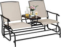 S AFSTAR 2-Person Outdoor Glider, Patio Glider Bench Chairs with Center Tempered Glass Table & Breathable Loveseat, Double Swing Glider Chair for Porch Garden Poolside Balcony Lawn (Beige)
