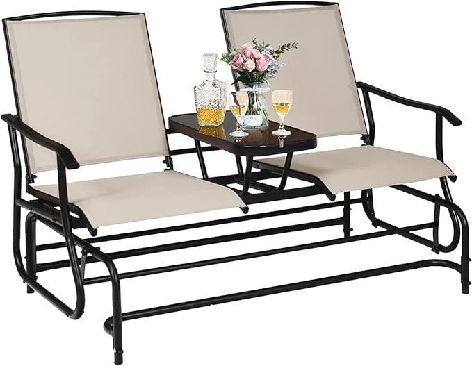 S AFSTAR 2-Person Outdoor Glider, Patio Glider Bench Chairs with Center Tempered Glass Table & Breathable Loveseat, Double Swing Glider Chair for Porch Garden Poolside Balcony Lawn (Beige)