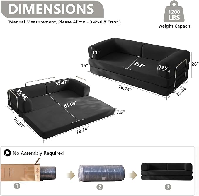 79" Convertible Sleeper Sofa Bed with Cylindrical Pillow, Corduroy Folding Mattress Couch with Fixed-Shape Frame, Floor Sofa Lounge Couch for Living Room Bedroom Lounge Studio (Black)