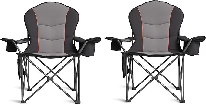 Oversized Camping Chair Heavy Duty 500LB - Portable Folding Chair with Cooler Bag, Cup Holder & Waterproof Phone Case for Adults, Beach, Hiking, Backyard (Black & Gray, 2 PCS)