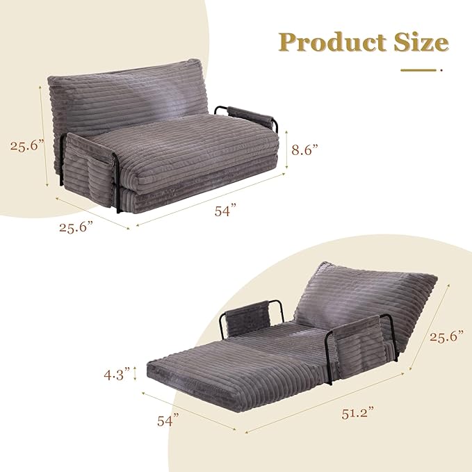 YOSHOOT Adjustable Lazy Floor Sofa Bed, Convertible Bean Bag Sofa Bed Couch, 5-Position Foldable Sleeper Chair with Armrest, Versatile Floor Seating Sofa for Reading Gaming（Grey）