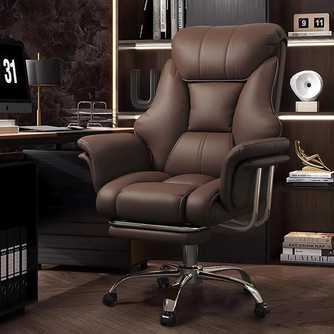 BTFYOU Big and Tall Office Chair with Armrests Executive Chair with Footrest and Spring Lumbar Support High Back Leather Ergonomic Chair Adjustable Height Tilt Lock for Business