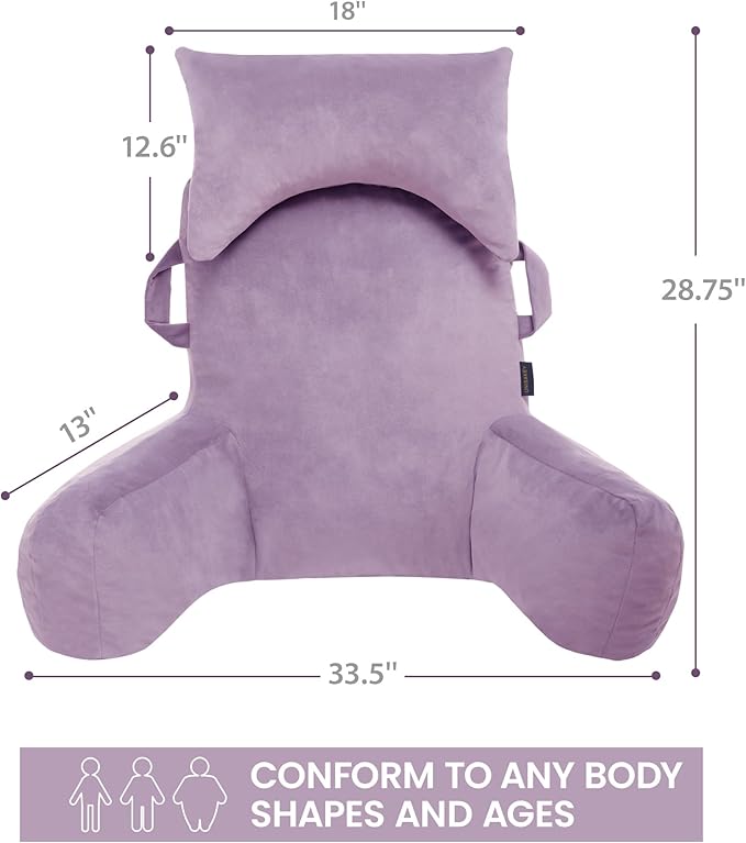 Unisakey Portable Reading Pillows with Headrest for Bed Sitting Up(Lavender Purple Oeko-Tex), Velvet Back Pillow with Arms & Pockets for Adults, Support Memory Foam Bed Pillow for Dorm/Reading/Gaming