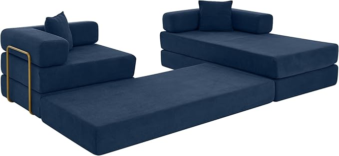 108" Convertible Sleeper Sofa Bed, Corduroy Folding Sofa Bed with Fixed-Shape Frame, Fold Out Floor Mattress Couch, Lazy Compression Sofas for Living Room, Bedroom, No Assembly Required,Blue