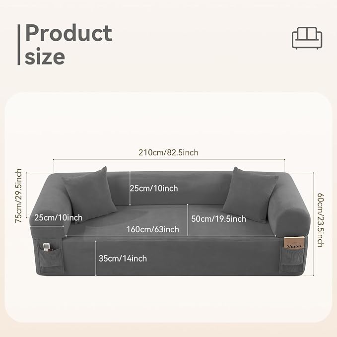 83" Boneless Couch, 3 Seater Sofa with 2 Matching Pillows Compact Corduroy Couches for Living Room Side Storage Pockets, Floor Sofa with Removable Armrests, No Assembly Required, Grey