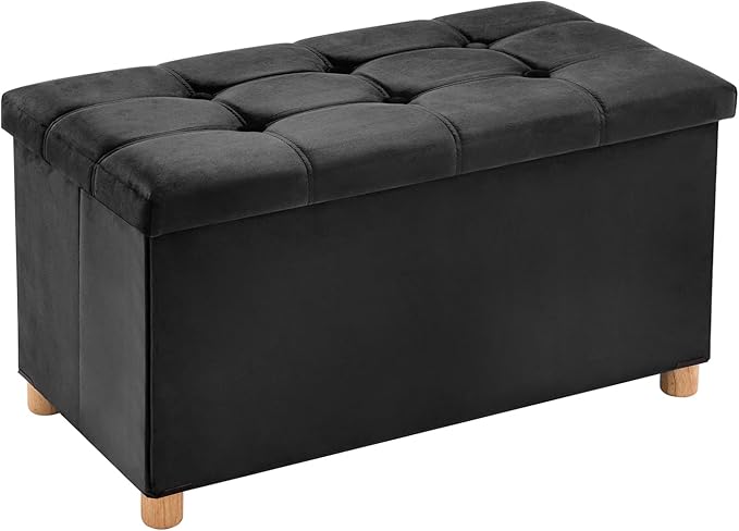 30 Inches Folding Storage Ottoman Bench, Velvet Storage Chest, Footrest Couch with Wooden Legs, Support 350lbs for Bedroom, Living Room, Hallway, Black