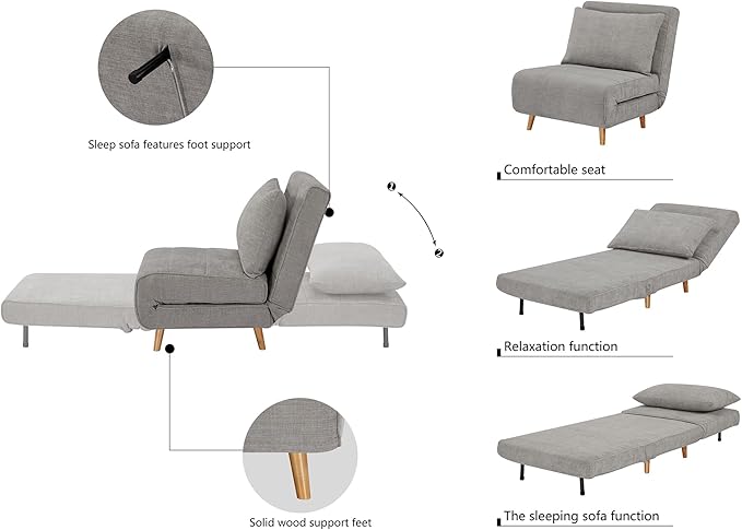 CITTANEO 31" Convertible Sleeper Chair, 3-in-1 Foldable Chair Bed with Pillow, 3-Position Adjustable Backrest, Single Sofa Bed for Apartment, Office, Medium Gray