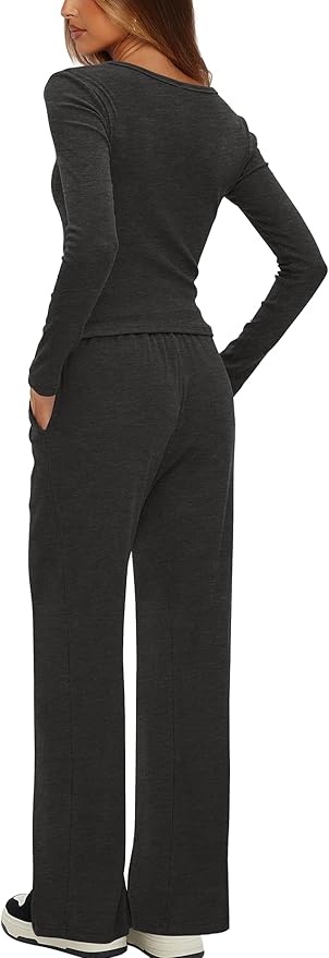 Darong Womens 2 Piece Matching Lounge Sets 2026 Long Sleeve Henley Shirts Wide Leg Pants Airport Travel Outfits