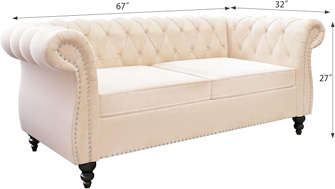 QHITTY Accent Sofa, Chesterfield Loveseat Modern Velvet Couch Upholstered Sofa with Tufted Back for Living Room Furniture (Beige)