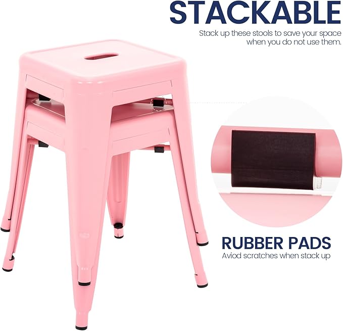 Brage Living 18 Inch Industrial Metal Stools Set of 2, Stackable Classroom Stools, Backless Metal Dining Chairs for Indoor Outdoor, Kitchen Short Stools (Pink)