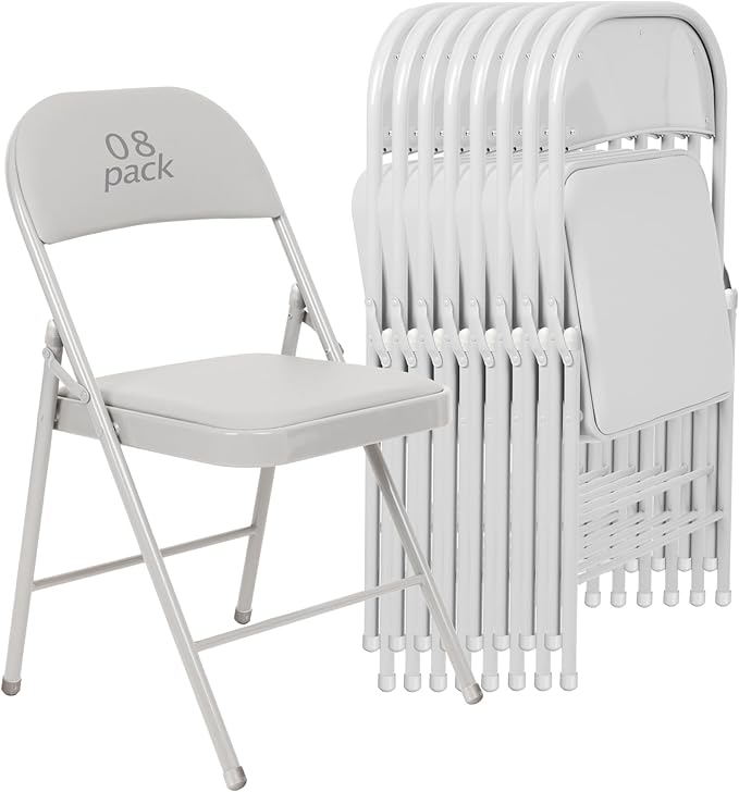 8 Pack White Padded Folding Chairs Set - Comfortable Stackable Portable Chairs for Indoor Outdoor, Events, Parties, Office, Wedding (PU Leather, Executive White,School Chair)