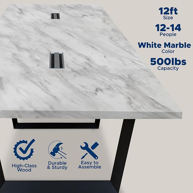 ahliss Sturdy Conference Table with Cable Management Grommets Modern Rectangle Office Meeting Table with Wood Tabletop and Metal Frame & Legs- Easy Assembly Boardroom Table (White Marble, 12 Foot)