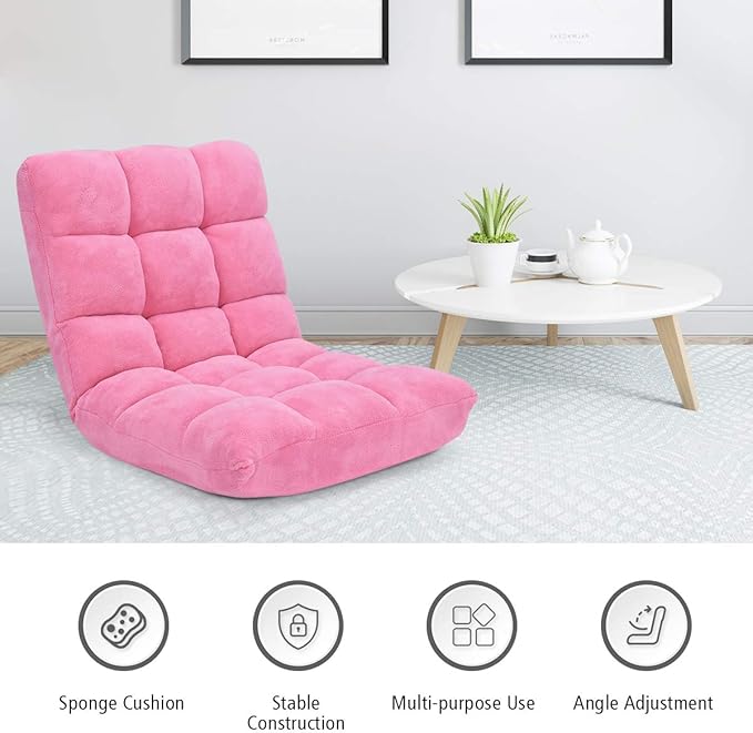 GOFLAME 14-Position Folding Floor Chair, Padded Gaming Lazy Sofa Chair with Adjustable Backrest, Couch Recliner, Sleeper Bed Lounge Chair for Reading, Gaming, Meditating (Pink)