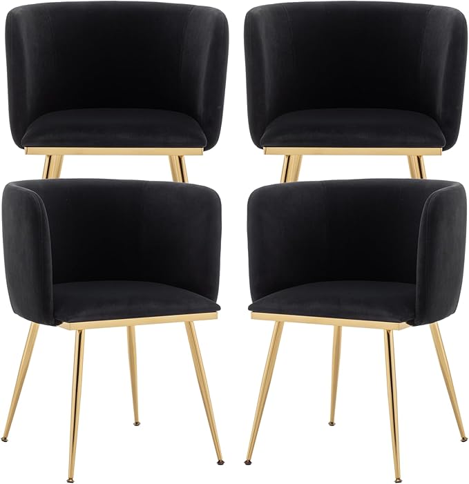 Canxkun Velvet Dining Chairs Set of 4, Barrel Dining Chairs with Gold Metal Legs, Modern Upholstered Dining Room Chair for Dining Room, Kitchen, Vanity (Black)