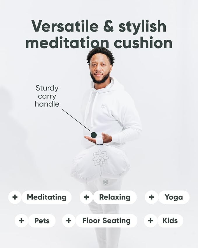 Mindful Modern Large Meditation Cushion | Zafu Yoga Bolster Meditation Floor Pillow Seat | Buckwheat Hull Filled Crescent Shaped Cushion with Removable Washable Cover + Carry Handle | White