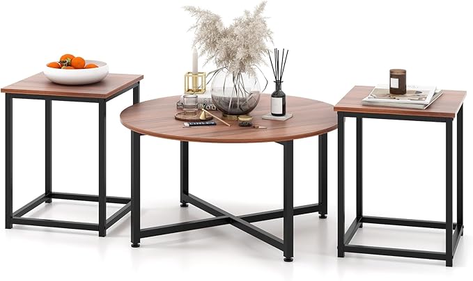 Giantex Round Nesting Table Set of 3, Farmhouse Coffee Table w/2 End Tables, Sturdy Metal Frame, 3-Piece Wooden Living Room Table Set for Home Office, Apartment (Walnut & Black)