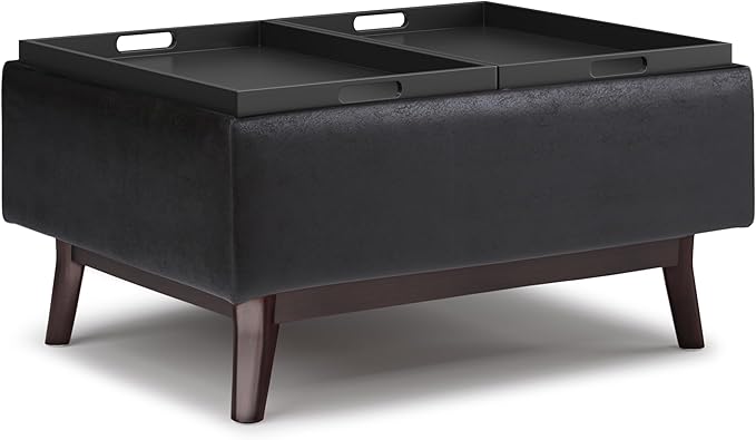 SIMPLIHOME Owen Tray Top Small Coffee Table Storage Ottoman - 34 inch Wide Upholstered Vegan Leather Rectangular Flip-Top Ottoman in Distressed Black, Mid-Century Ottoman for Living Room