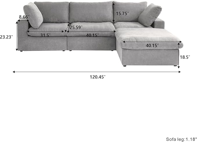 WJShome 120.45" Cloud Modular Sectional Sofa with Storage Ottoman, L Shaped Minimalist Convertible Couch Deep Seat Sofa for Living Room Sofa Sets (Light Grey, 3 Seater+1 Ottoman)