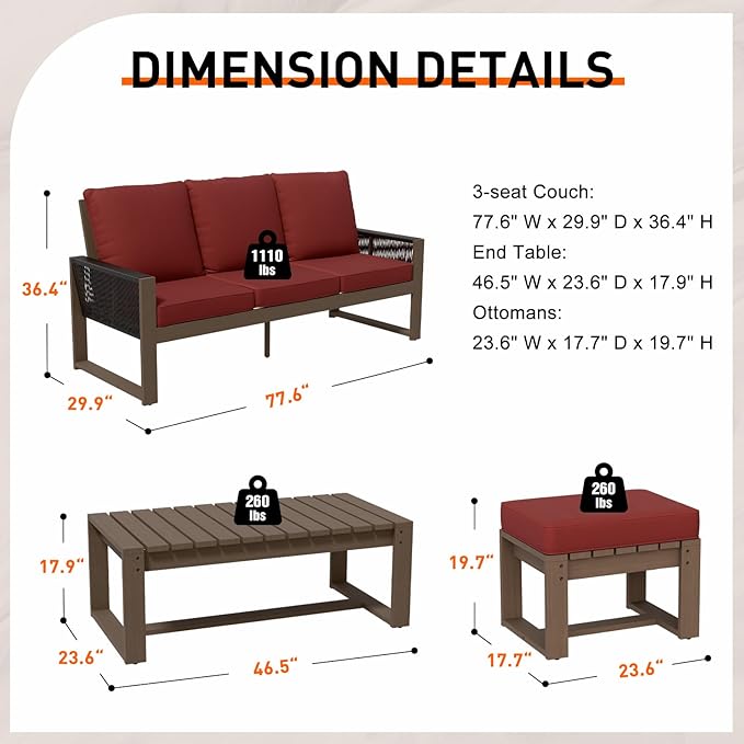 INTER HUT Rustic Hideaway Natural Cedar Wood Outdoor Furniture Set, Wicker Patio Conversation Set for Porch Garden Backyard, Couch, Coffee Table and 2 Ottomans, 4 Piece, Brownish/Red