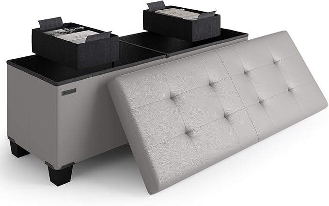 Storage Ottoman Bench with Bins, 43-in Storage Bench for Bedroom End of Bed, Folding Foot Rest Ottoman for Living Room Max 660lbs, Faux Leather Ottomans, Light Grey