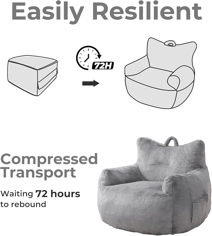 Giant Bean Bag Chair for Adults, Oversized Bean Bag with Filling Plush Fluffy,BeanBag Lazy Sofa Couch with Armrest for Living Room, Cat Shaped Beanbag Couch with Sidepocket for Bedroom,Grey