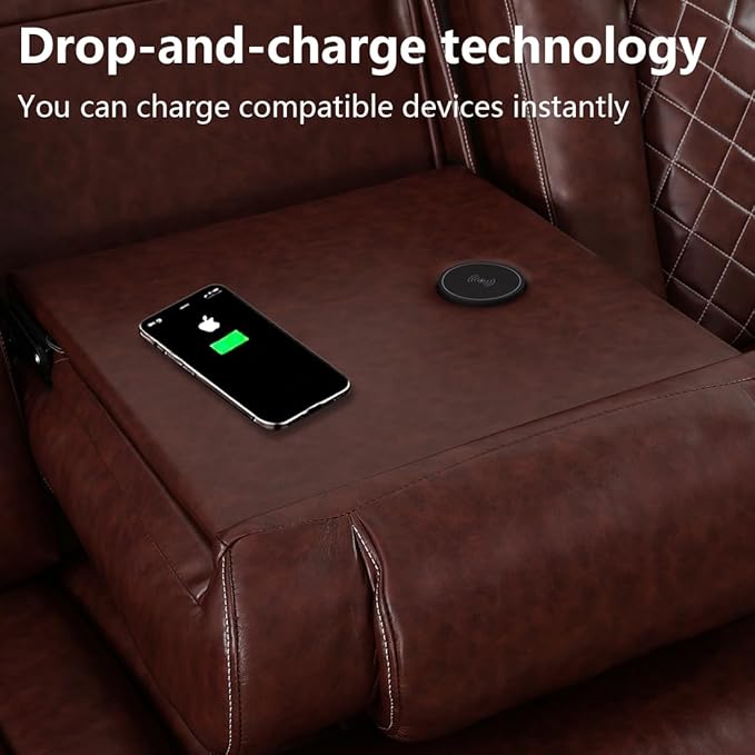 Toseslo Power Leather Recliner Chair Set with LED Light, Brown Leather Reclining Set, Living Room Furniture Sets, Modern Power Recliner Sets for Living Room/RV/Apartment
