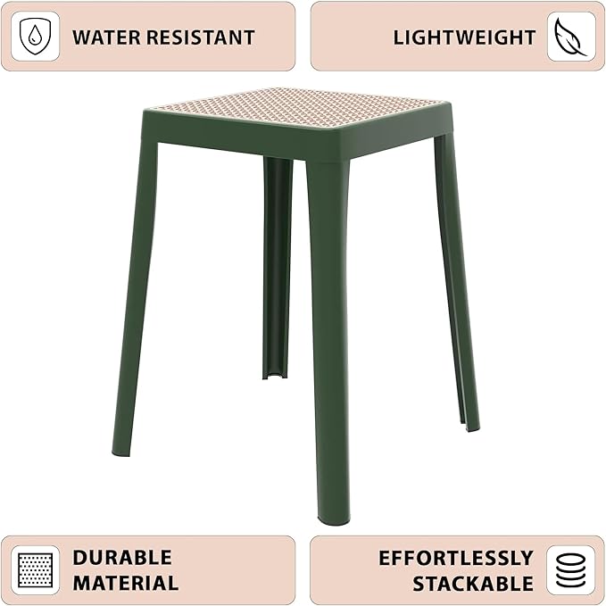 LeisureMod Tresse Mid-Century Modern Square Plastic Dining Stool Set of 2, Stackable Accent Stools with Breathable Seat, Lightweight Seating for Kitchen, Dining Room, Bedroom, or Entryway (Grey)