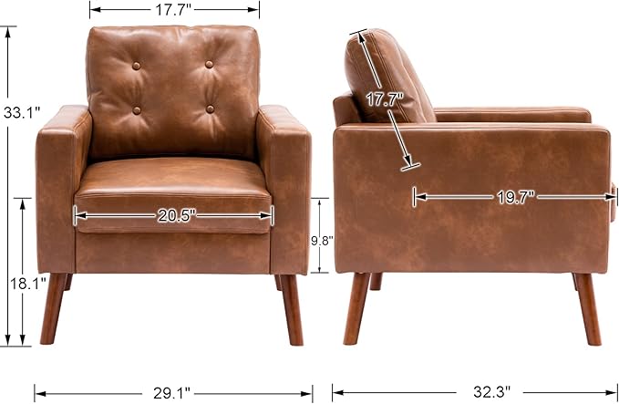 VESCASA Tufted Accent Arm Chairs with Wood Legs, Faux PU Leather Comfy Upholstered Single Sofa, Mid Century Modern Side Club Leisure Chairs for Reading/Living Room/Bedroom, Set of 2, Caramel