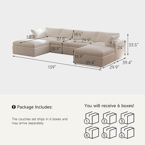 140’’ Oversized Boneless Couch for Living Room, Cloud Couch Modular Sectional Free Combination with Ottoman Washable Cushion Cover, No Assembly Required, White (4-Seat + 2 Ottoman)
