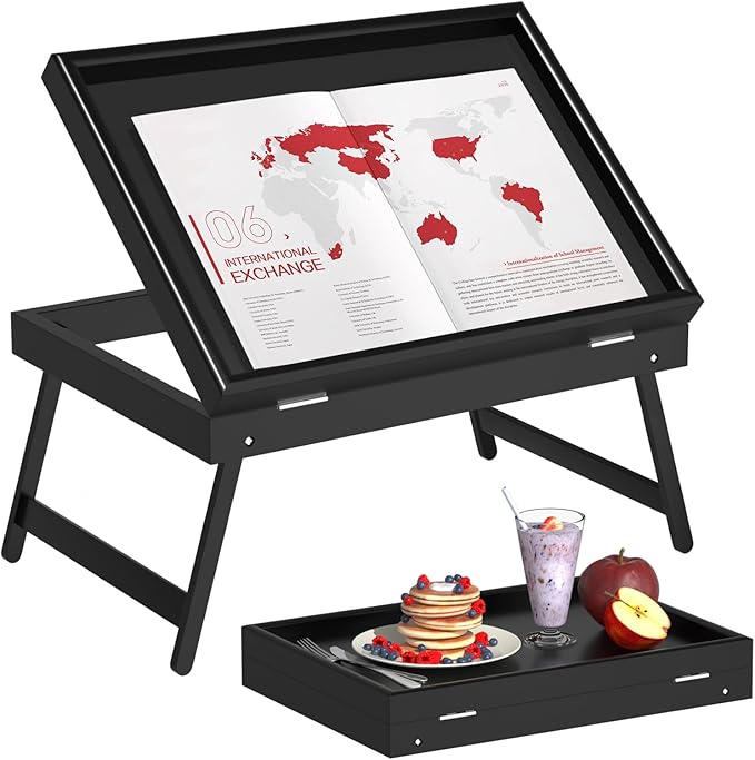 Artmeer Bed Tray Table Breakfast Food Tray with Folding Legs Serving Tray for Laptop Desk, Sofa,Platters,TV,Snack,Eating Tray(Black, Medium)