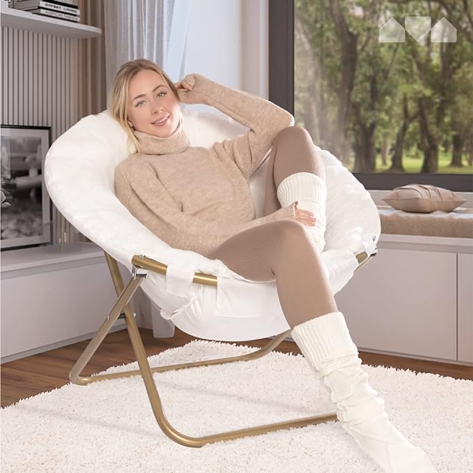 Milliard Saucer Chair For Adults, Teens & Kids, White, Faux Fur XL Circle Chair for Bedroom, Dorm & Gaming, Foldable Comfy Accent Seat for Small Spaces, Folding Moon / Mushroom / Round Oversized Style