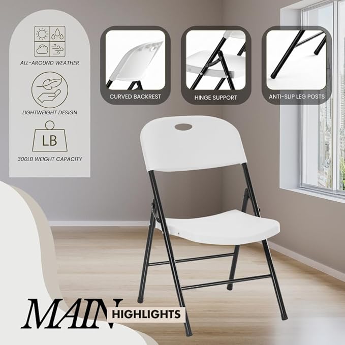 Amazing for less 2-Pack Heavy Duty Plastic Folding Chair, 450 lbs Capacity Foldable Chairs for Indoor Outdoor, Stackable Portable Seating for Party, Wedding, Patio, Backyard, Office (White)
