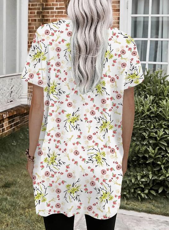 Poetsky Summer Womens Tunic Tops for Leggings with Pockets Short Sleeve Casual Long T Shirts S-3XL