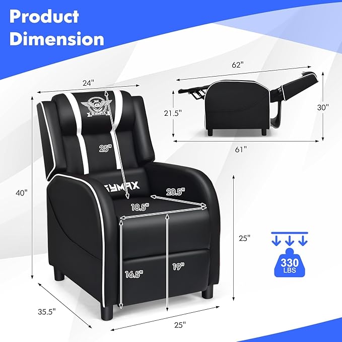 GYMAX Gaming Recliner, Massage Gaming Chair w/Adjustable Footrest, Remote Control & Side Pocket, Ergonomic Game Lounge Chair, Racing Style Single Theater Seat Game Sofa for Adults (White)
