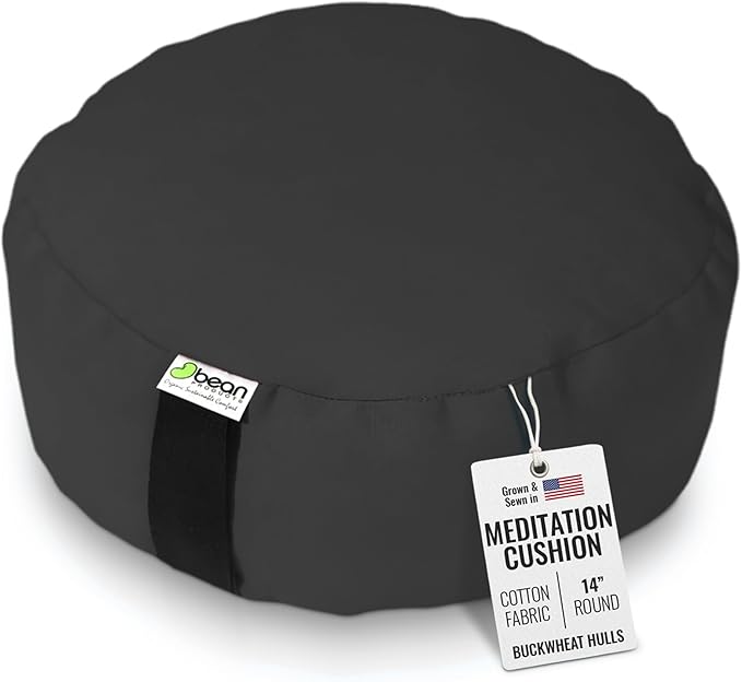 BEAN PRODUCTS Zafu Meditation Pillows for Sitting on Floor, Yoga Cushion, Cotton/Buckwheat fill Yoga Pillow, Zafu Meditation Cushion, Zen Kneeling Prayer Pad- MADE IN USA - 14" ROUND - BLACK