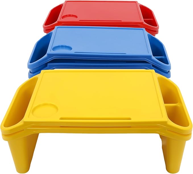 6 Pcs Kids Lap Desk Tray, Plastic Breakfast Lap Desk Trays with Storage Slots, Portable Stackable Lap Tray Tables for Writing Drawing Classroom, 19.69" L x 9.84" W x 7.1" H (Red+Blue+Yellow)