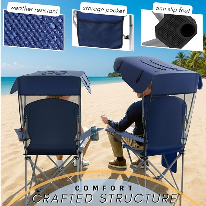 CozyBox Portable Folding Camping Chairs with Canopy Shade, Beach Chair for Adults, Durable Weather Resistant 600D Oxford Cloth, Camping Chair with Canopy for Outdoors [Navy]