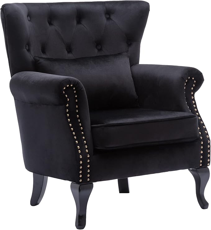 DM Furniture Mid Century Accent Chair Modern Button Tufted Armchair Club Chair Velvet Wingback Single Sofa Lounge Chair with Pillow for Living Room Bedroom, Black