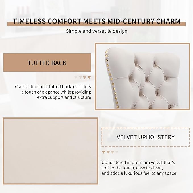YeahFurn Mid Century Modern Dining Chairs Set of 6, Beige Velvet Upholstered Tufted Back, Kitchen & Dining Room Chairs, Gold Metal Legs, Nailhead Trim, Sillas para Comedor (Beige, 6 Pcs)